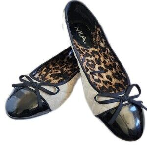 MIA Ballet Flats, Cream Quilted With Black Patent Leather Trim, 8.5